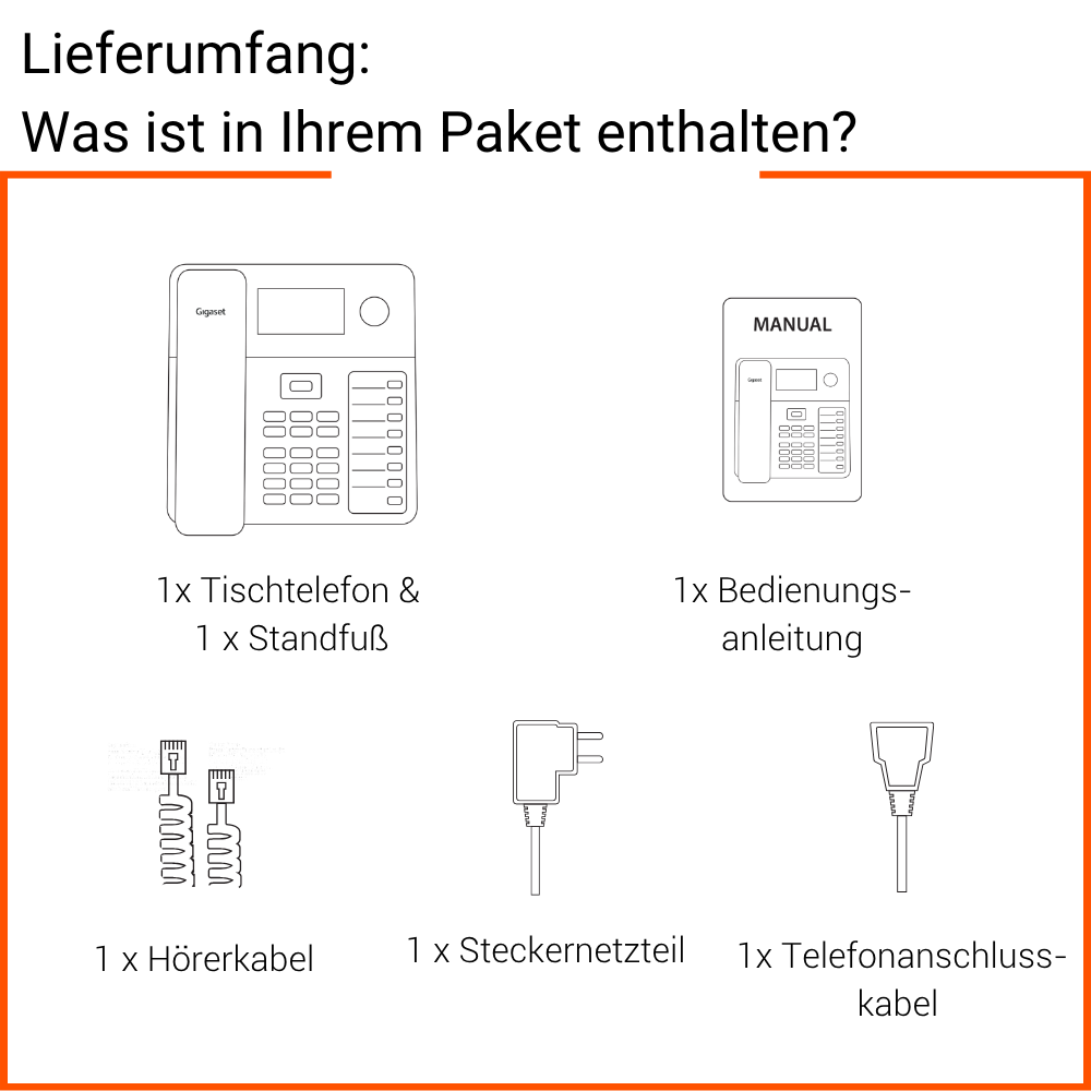 Lieferumfang: Tischtelefon, Handbuch, Kabel, Netzteil und Standfuß.