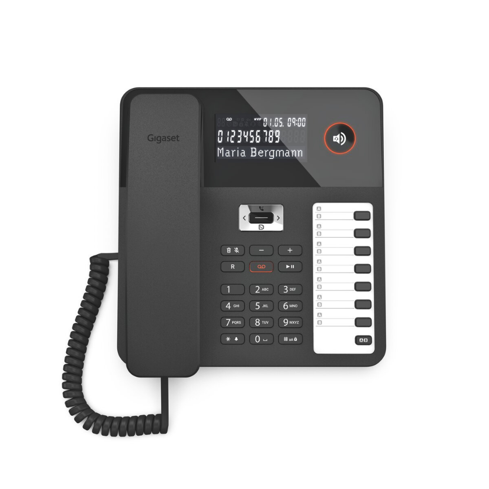 Ein schwarzes Gigaset-Telefon mit einem abnehmbaren Hörer und einem Display.