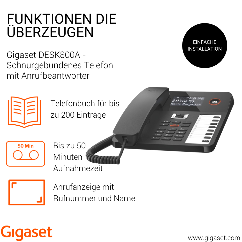 Gigaset DESK800A Schnurtelefon: Telefonbuch, 50 Min. Anrufbeantworter, Anrufanzeige.