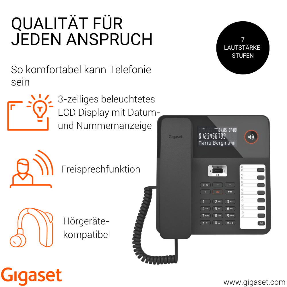 Schwarzes Gigaset Telefon mit beleuchtetem Display, Freisprechfunktion & Hörgerätekompatibilität.