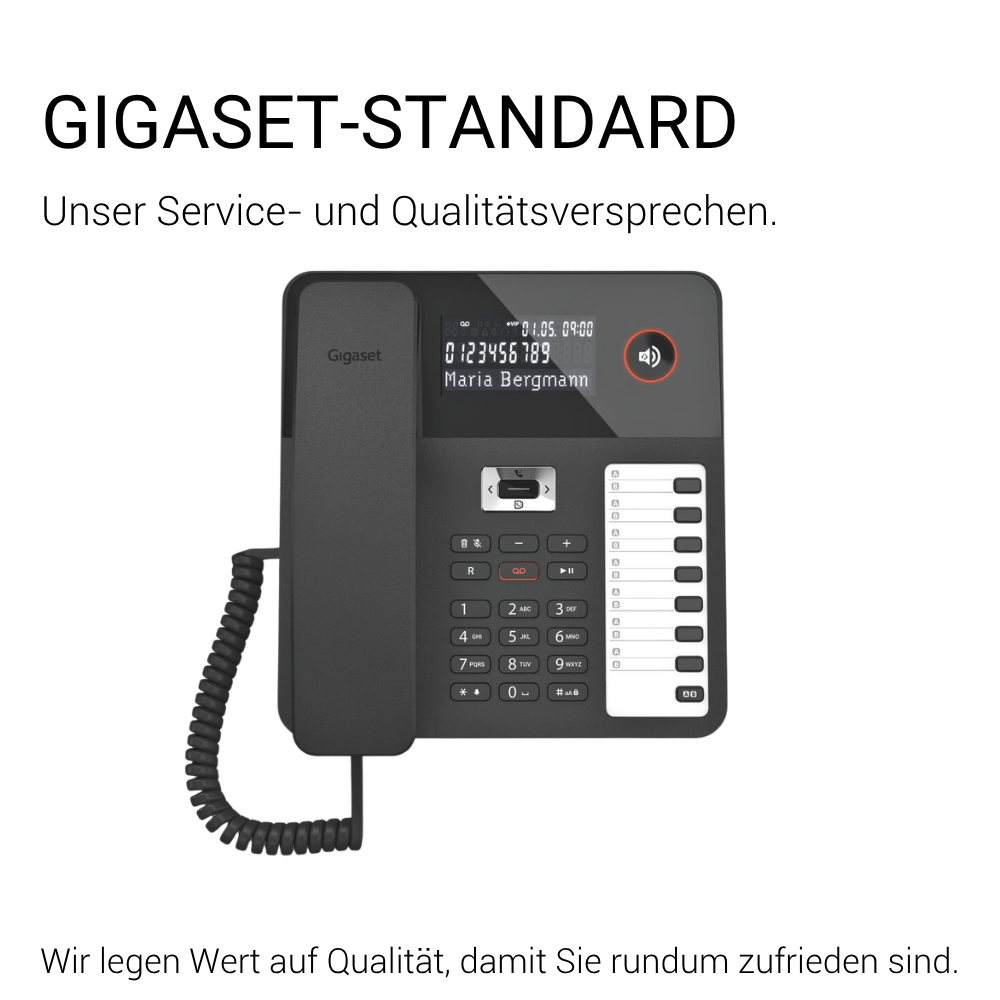 Ein schwarzes Gigaset-Telefon mit Schnur und Tastenfeld. Datum und Name auf Display.