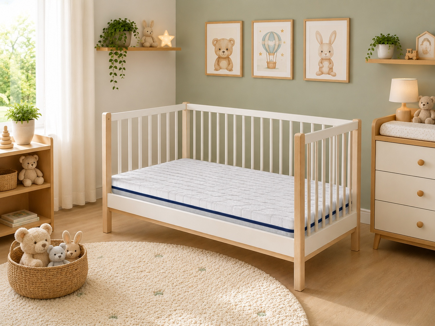 Habitación de bebé con cuna blanca, cambiador y juguetes.