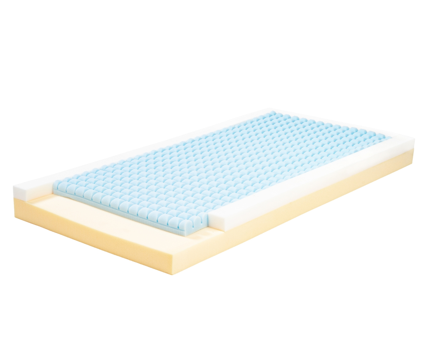 Sección transversal de un colchón con capas de espuma amarilla, blanca y azul.
