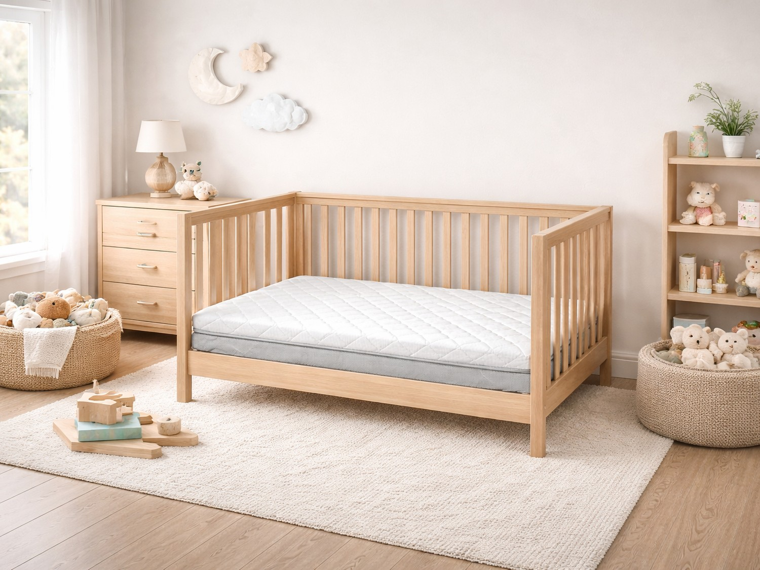 Una guardería luminosa con cuna de madera, ositos de peluche, juguetes y decoración.