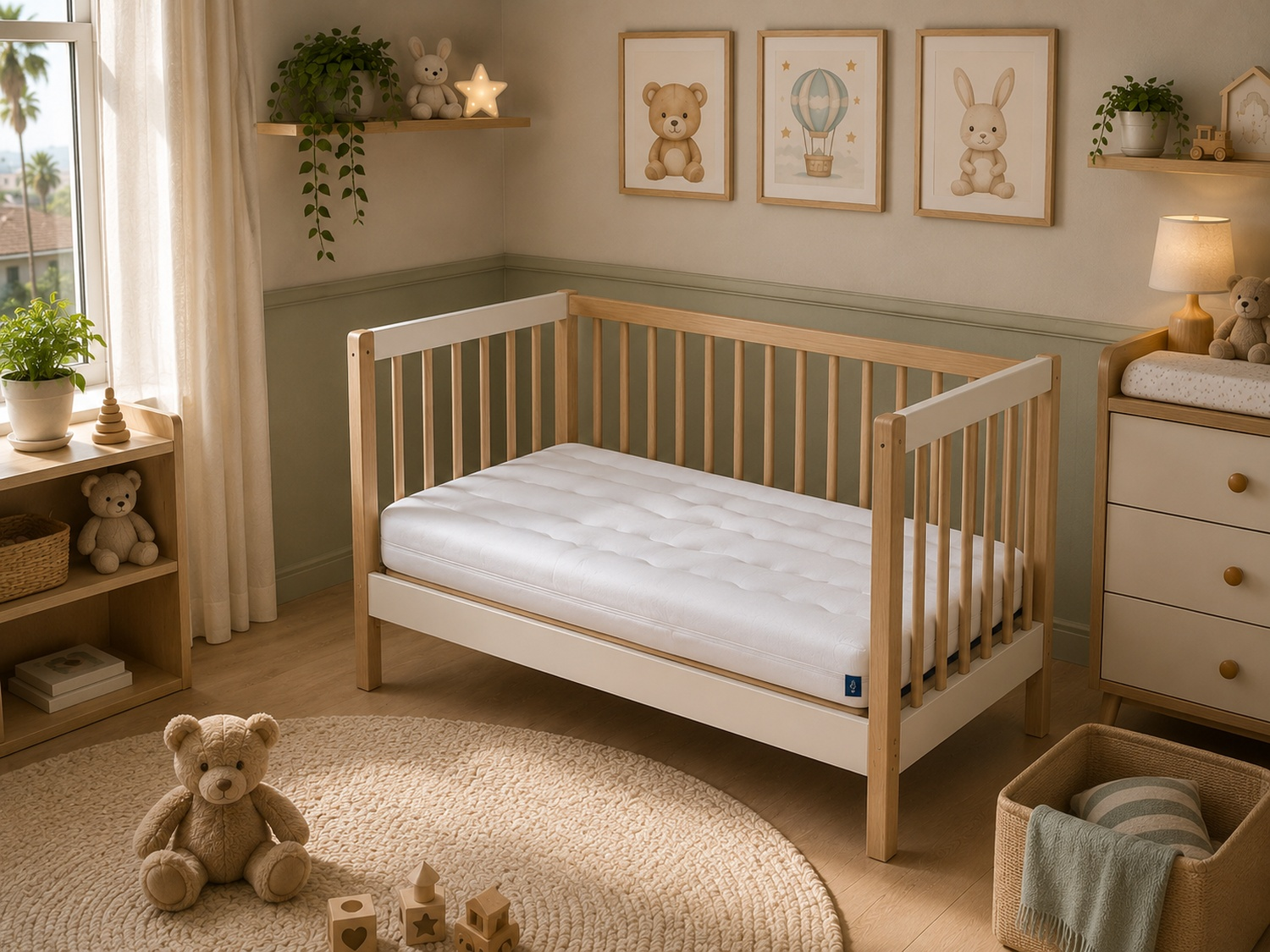 Una habitación de bebé con cuna, juguetes y decoración.
