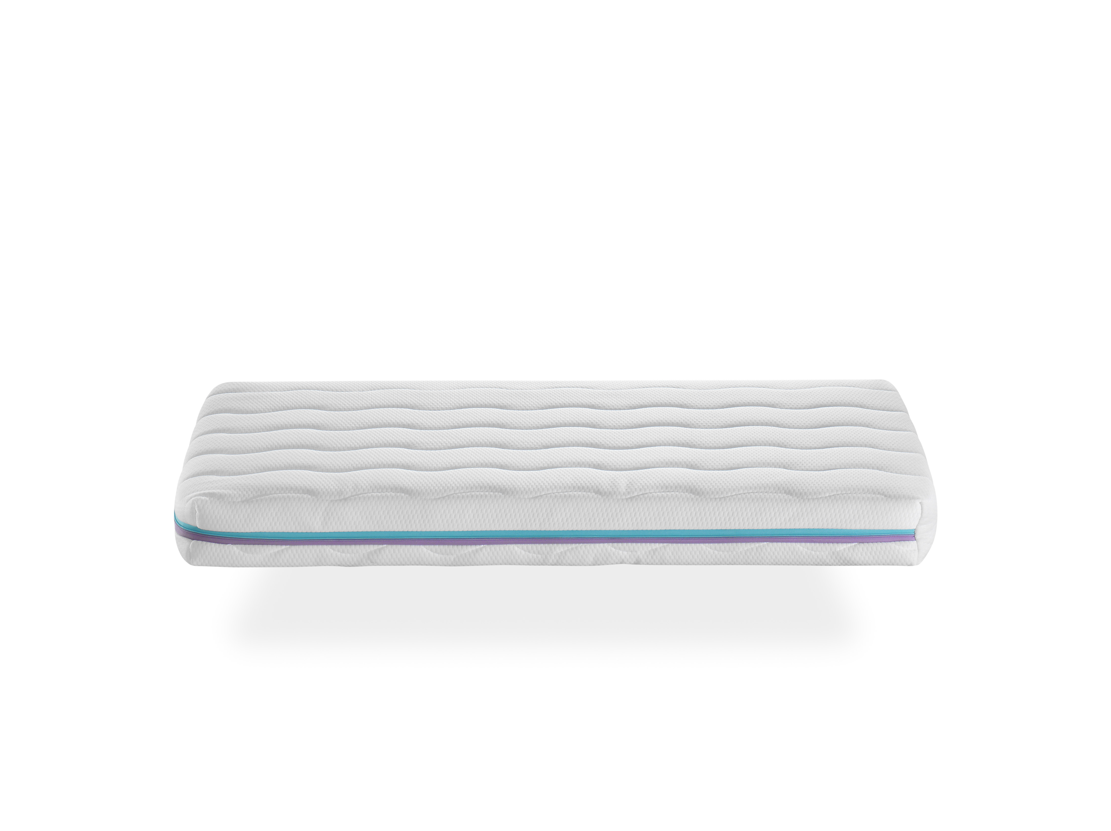 Un colchón blanco con textura ondulada y una franja azul y morada.