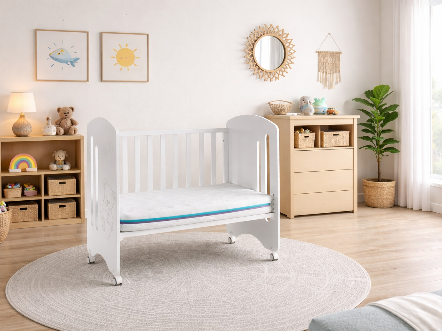 Una guardería con cuna blanca, cómoda de madera y juguetes.