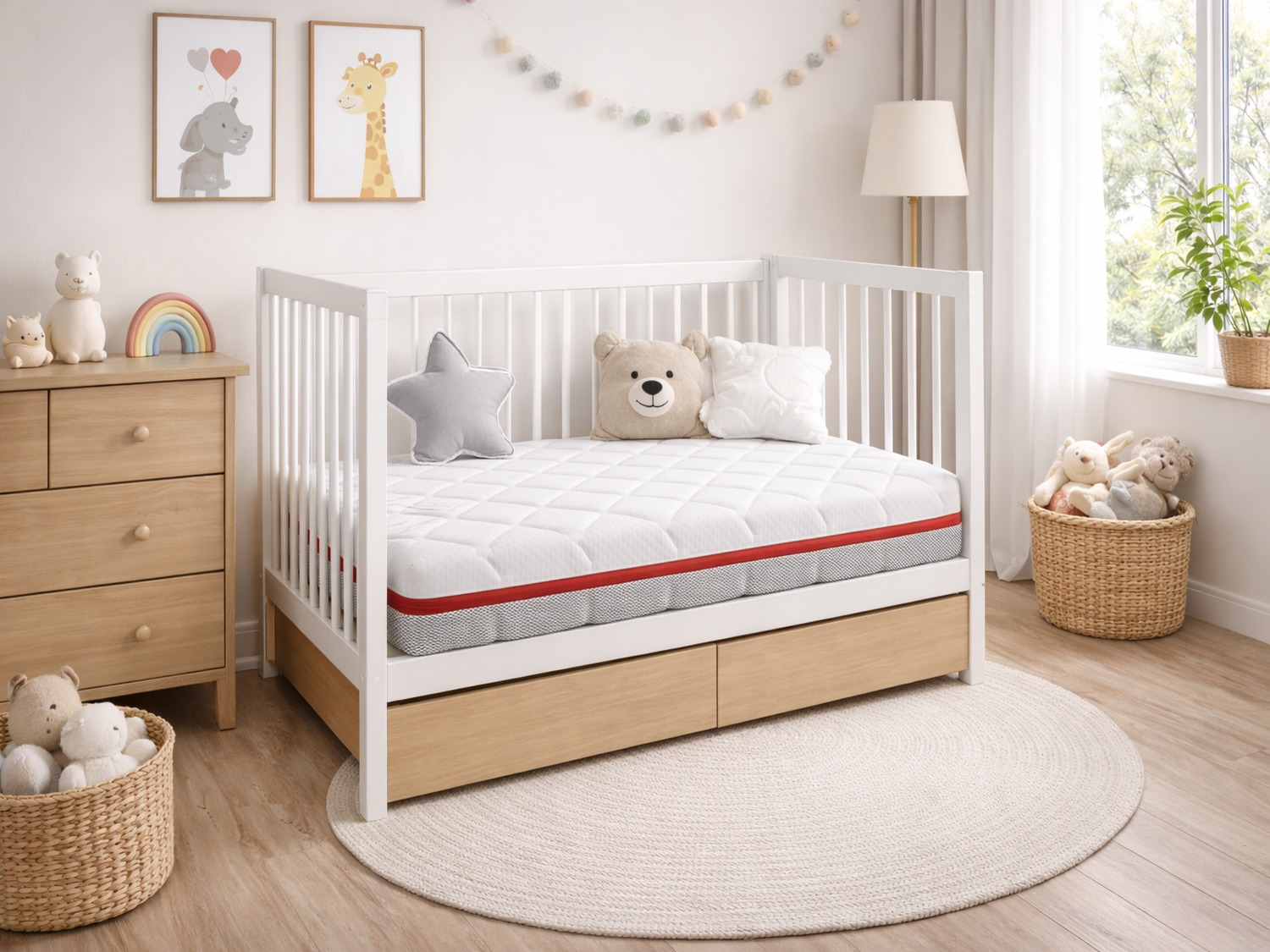 Habitación infantil con cuna blanca, cómoda de madera, juguetes y arte enmarcado.