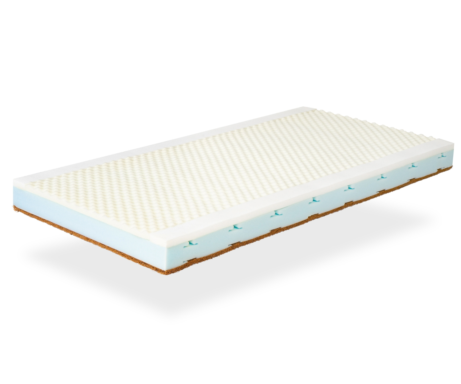 Un colchón con acolchado blanco, capa de espuma azul y base marrón.