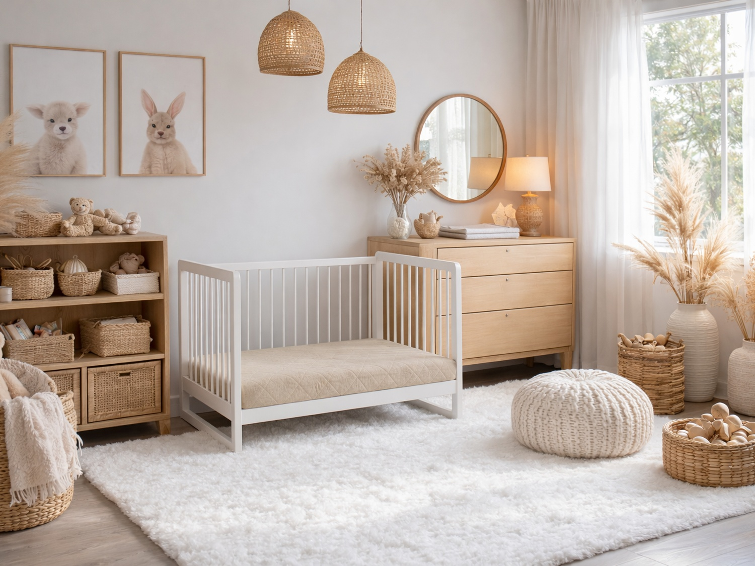 Una guardería acogedora con cuna blanca, cómoda de madera y decoración neutra.