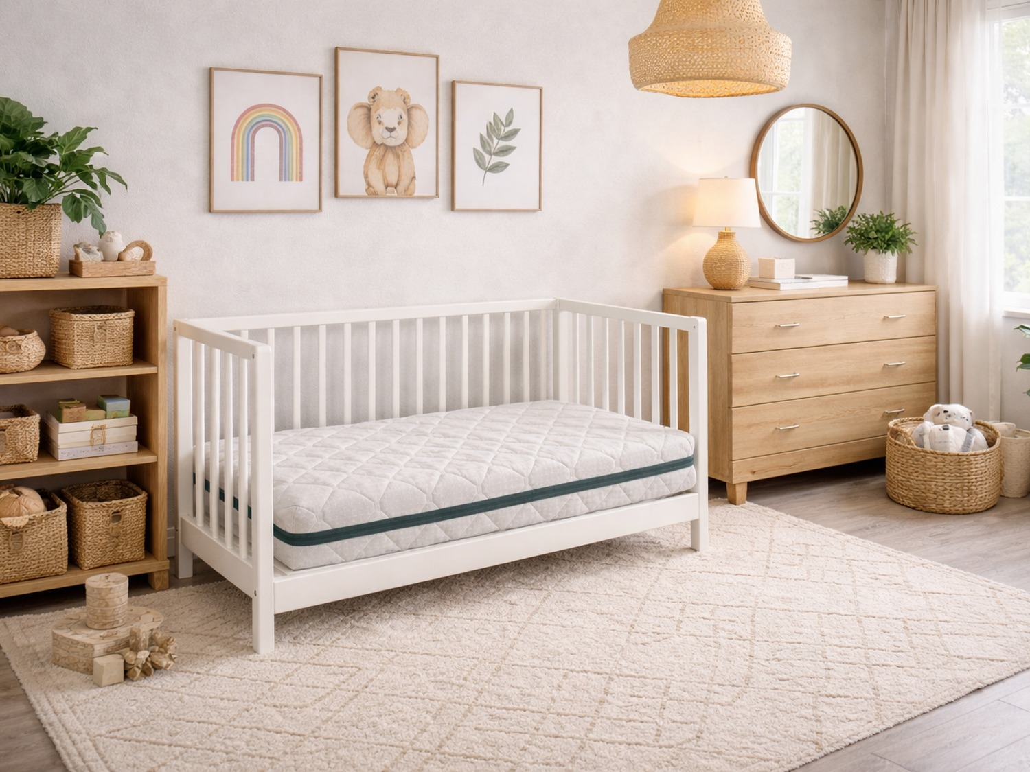 Una guardería con cuna blanca, cómoda de madera y arte de pared enmarcado.