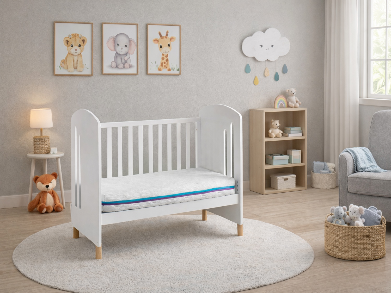Una cuna blanca con juguetes y decoración en una habitación infantil.