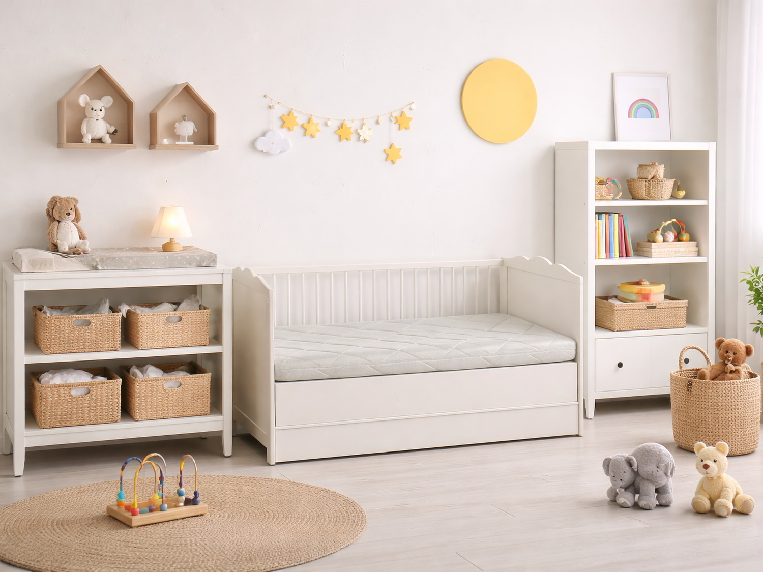 Una guardería con cuna, cambiador, estante, juguetes y ositos de peluche.