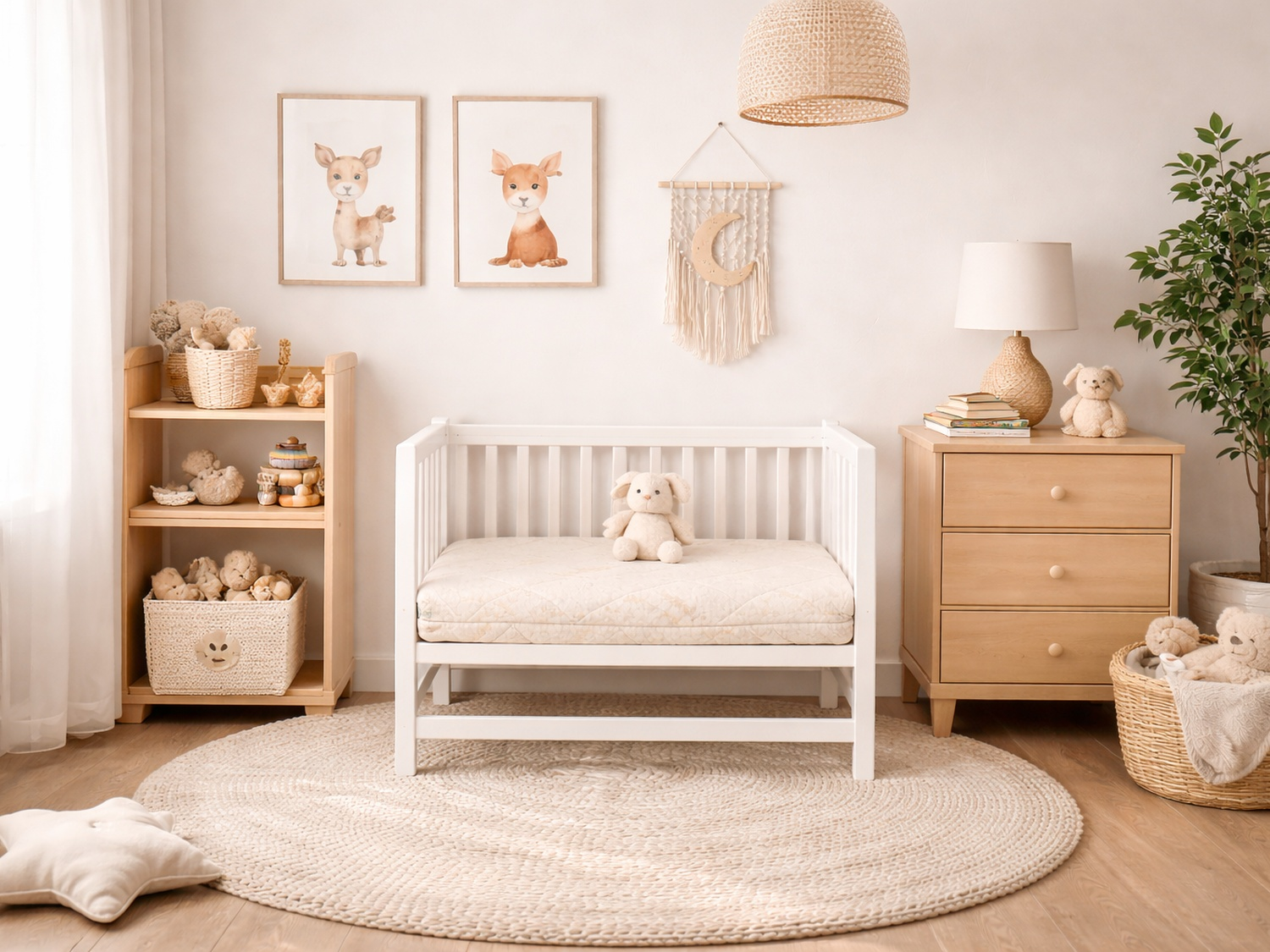 Una guardería acogedora con cuna blanca, estantes de madera y arte de pared de animales lindos.