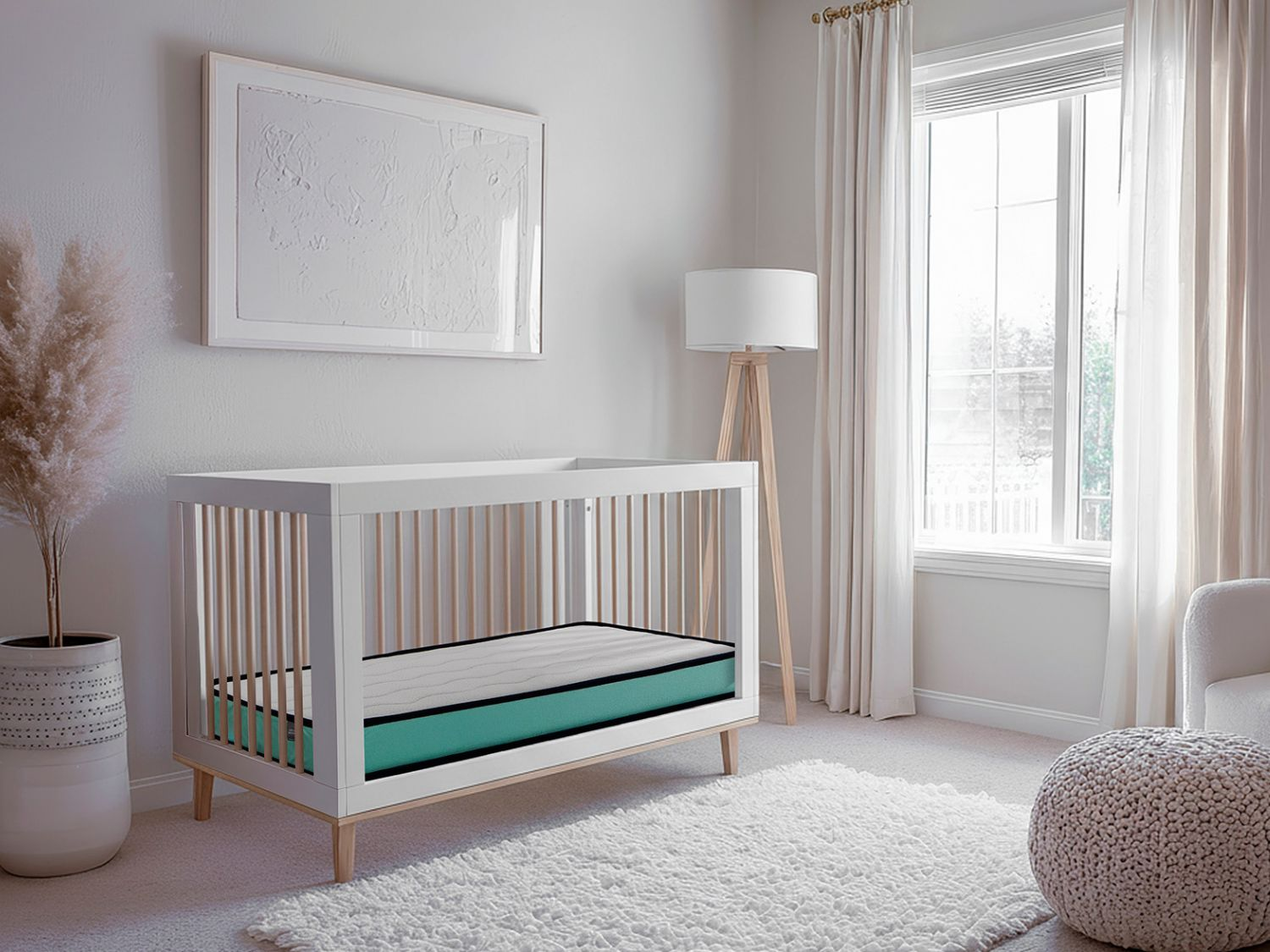 Una cuna blanca con colchón turquesa está en un dormitorio.