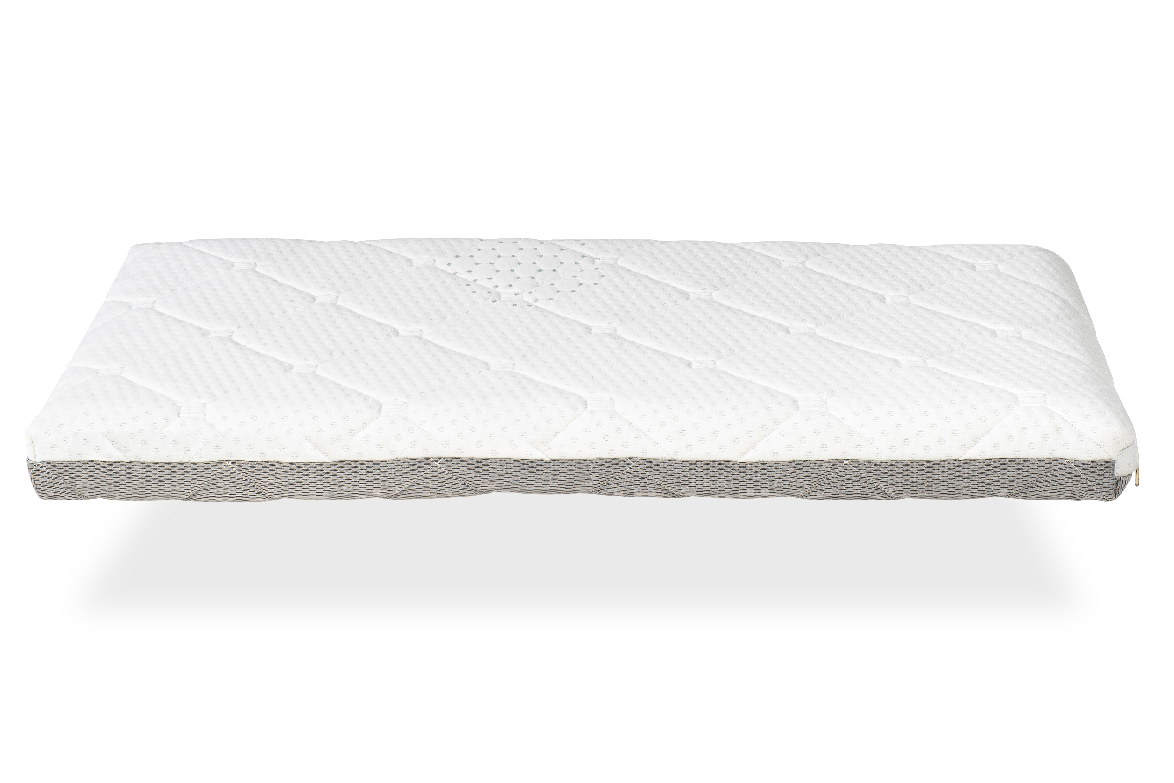Un colchón blanco acolchado con borde gris, sobre fondo blanco.