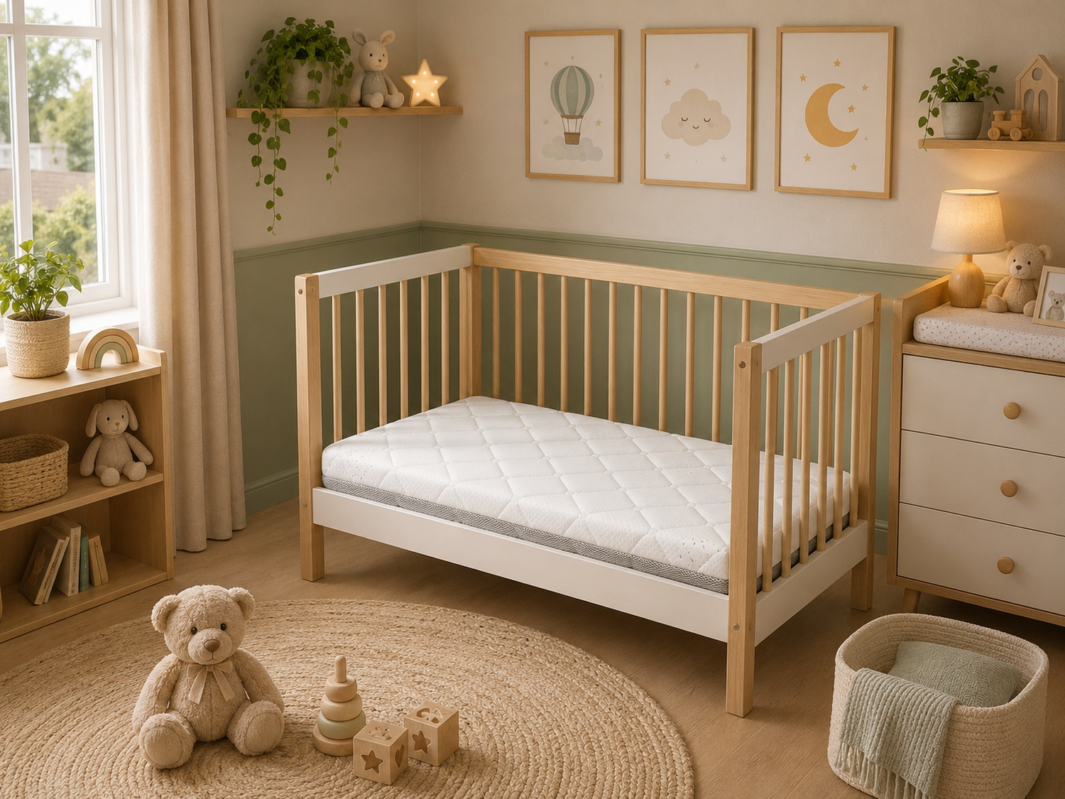 Una habitación infantil con cuna, osito de peluche, juguetes y cuadros.