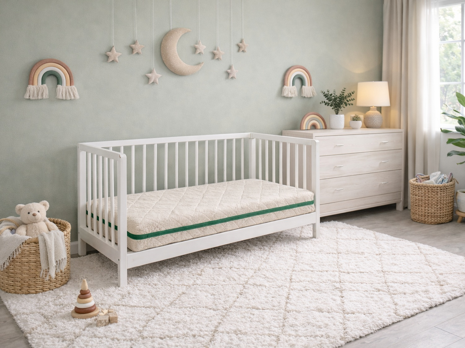 Una guardería con cuna blanca, colchón, osito de peluche, decoración de arcoíris y cómoda.