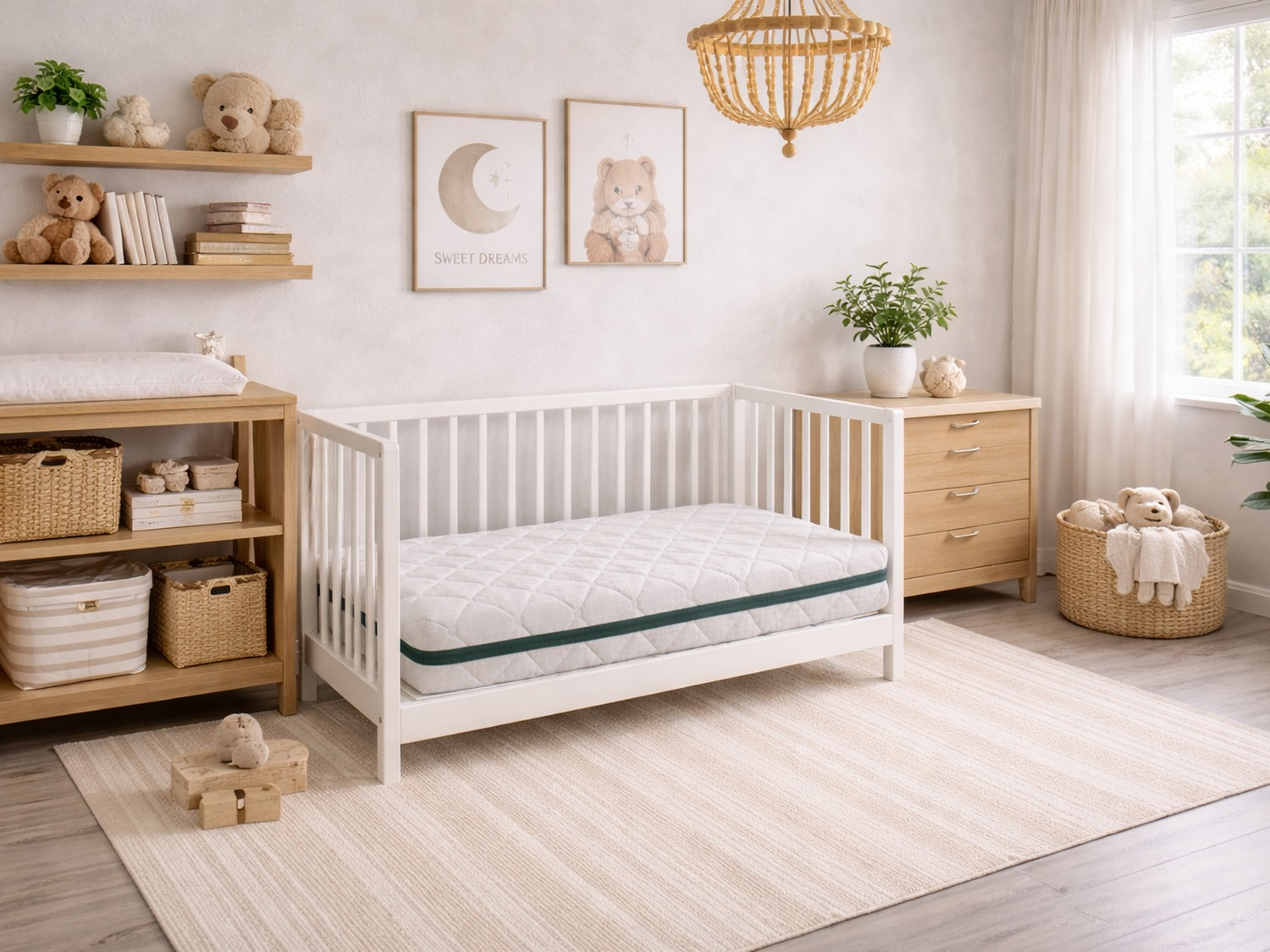 Una guardería serena con cuna blanca, cambiador, cómoda de madera y ositos de peluche.
