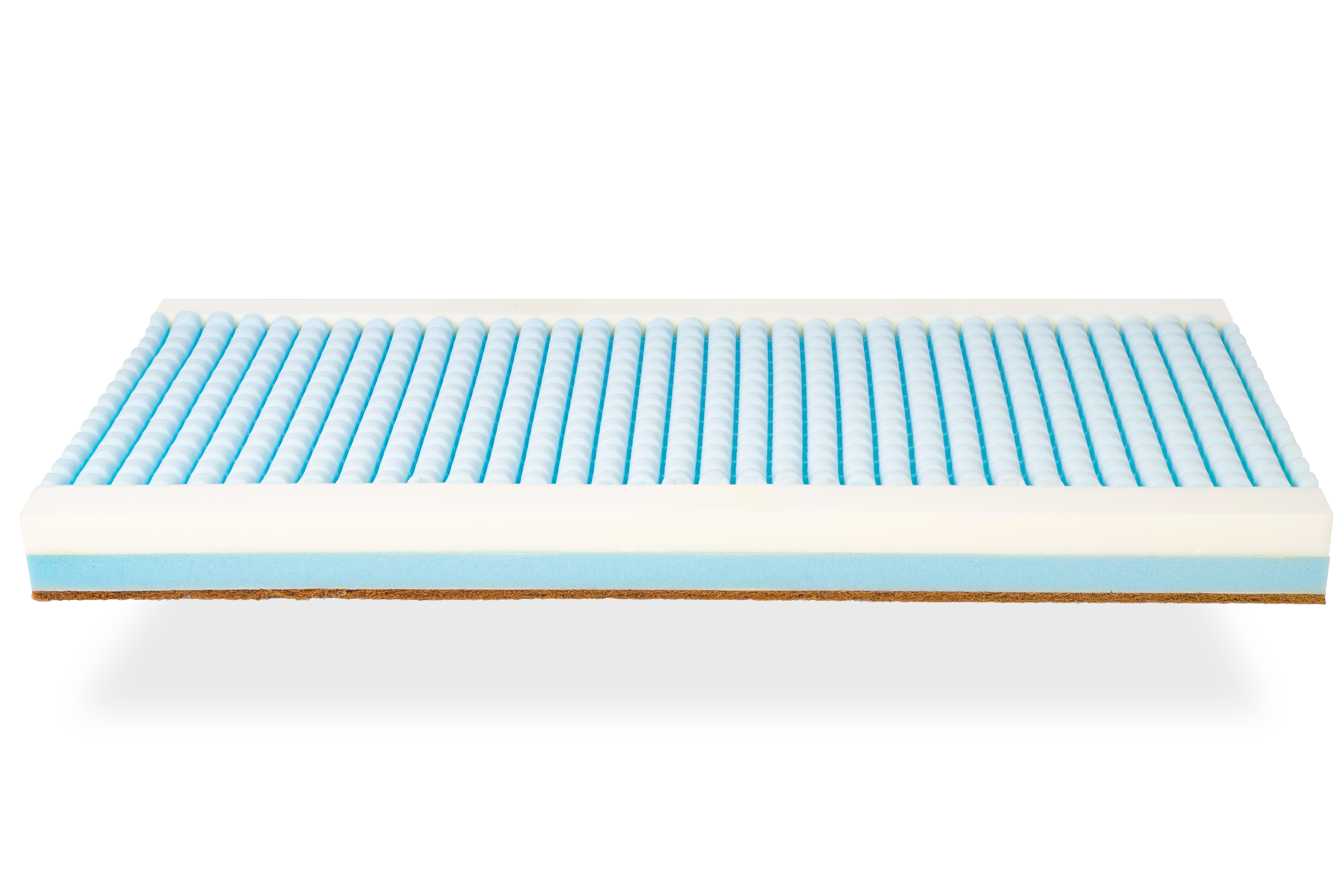 Capa de colchón con espuma azul acanalada y capas blancas.