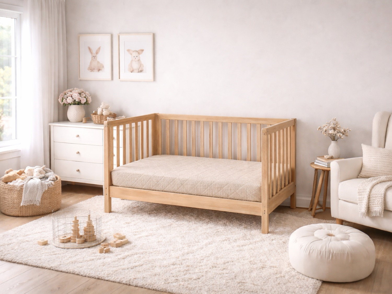 Una guardería luminosa con cuna de madera, cómoda blanca, sillón y juguetes.