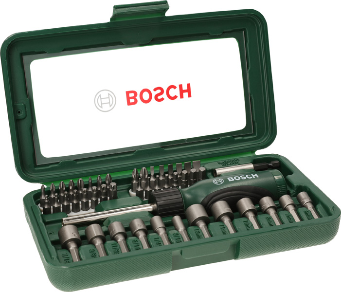 Açık yeşil Bosch alet çantası, tornavida, uçlar ve soketler gösteriliyor.