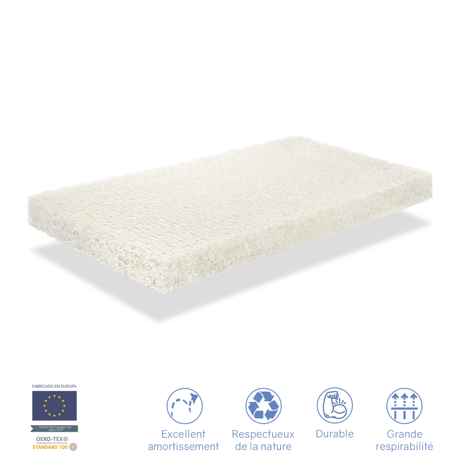 Un bloque de espuma blanco y rectangular con estructura de celda abierta, con iconos ecológicos.