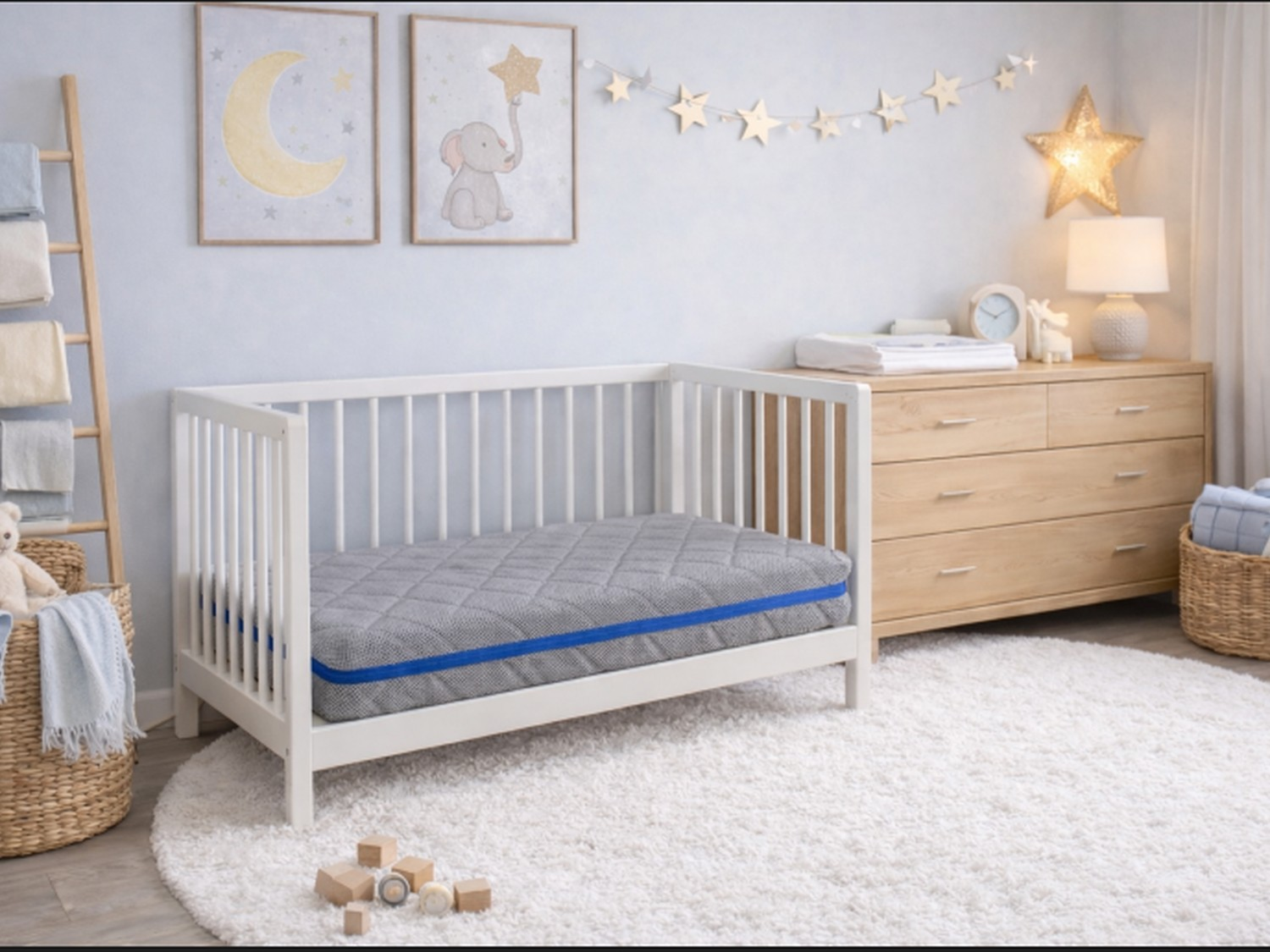 Una cuna blanca con colchón gris sobre alfombra. Cómoda de madera al fondo.