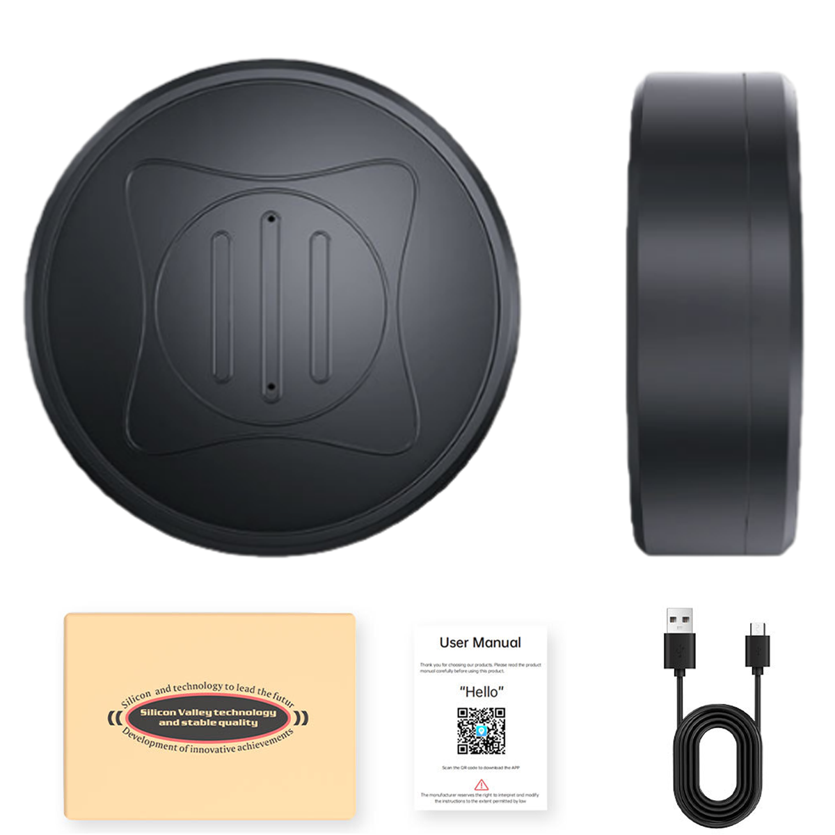 Schwarzes rundes Gerät, Seitenansicht, Verpackung, Handbuch und USB-Kabel.