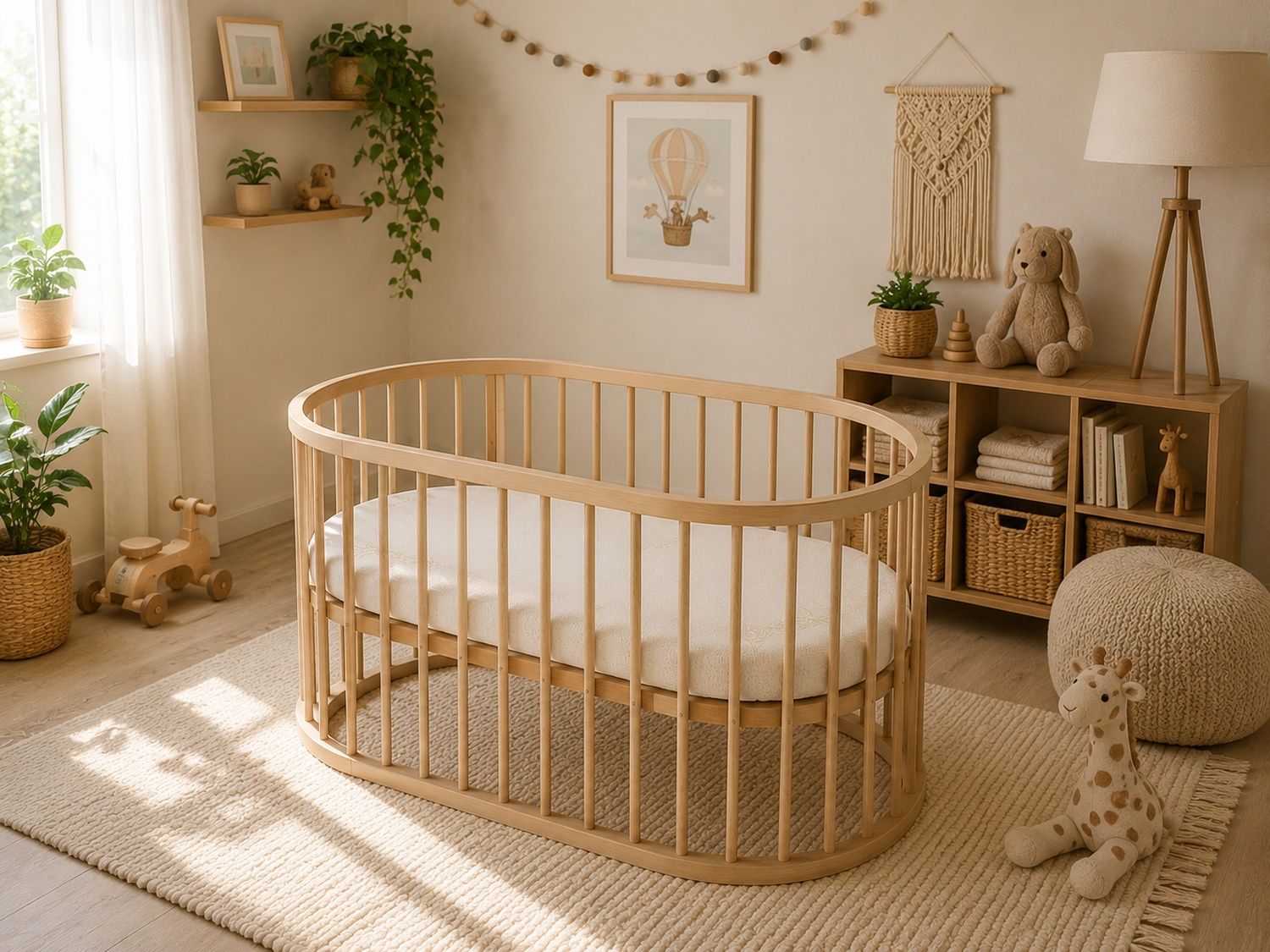 Una guardería neutral con cuna de madera, estantes, juguetes y peluche jirafa.