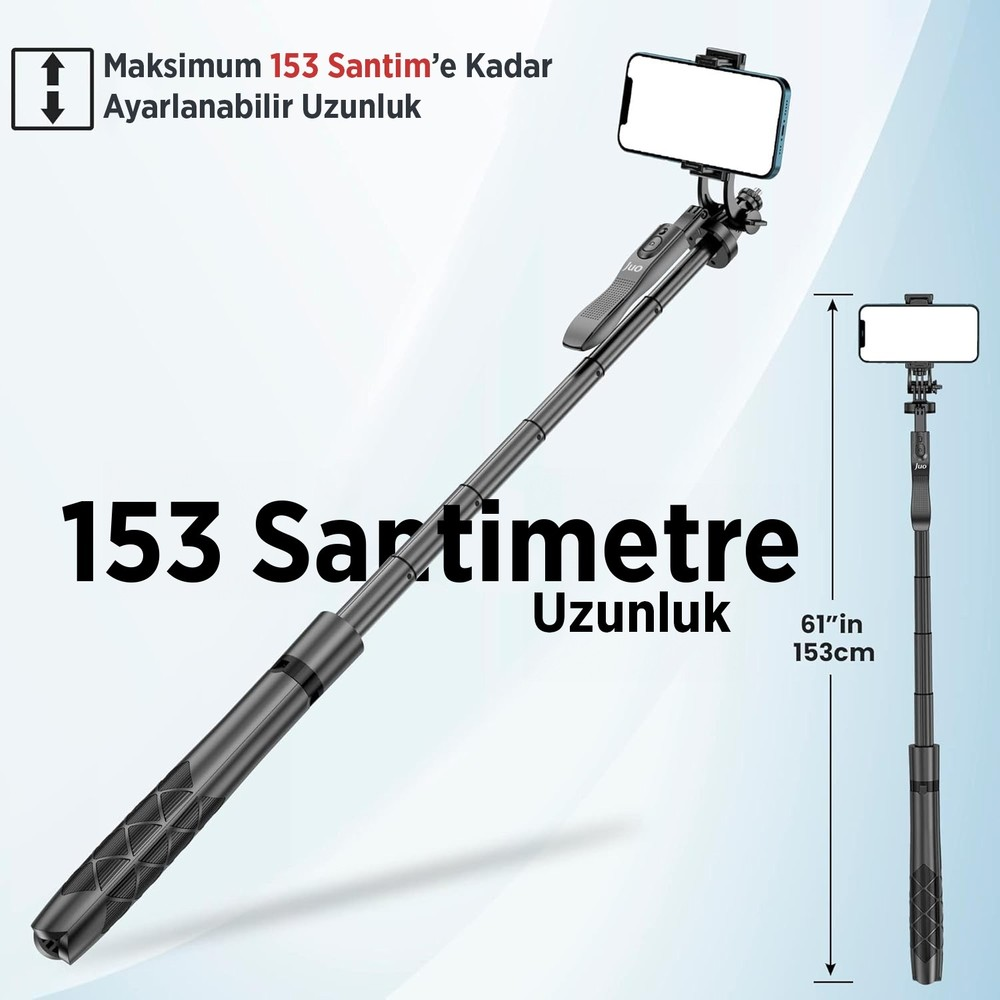 Telefon tutuculu koyu gri selfie çubuğu, 153 cm'ye kadar uzayabilir.