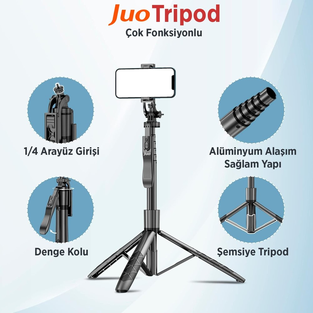 Uzatılabilir ayaklı ve telefon tutuculu siyah telefon tripod selfie çubuğu.
