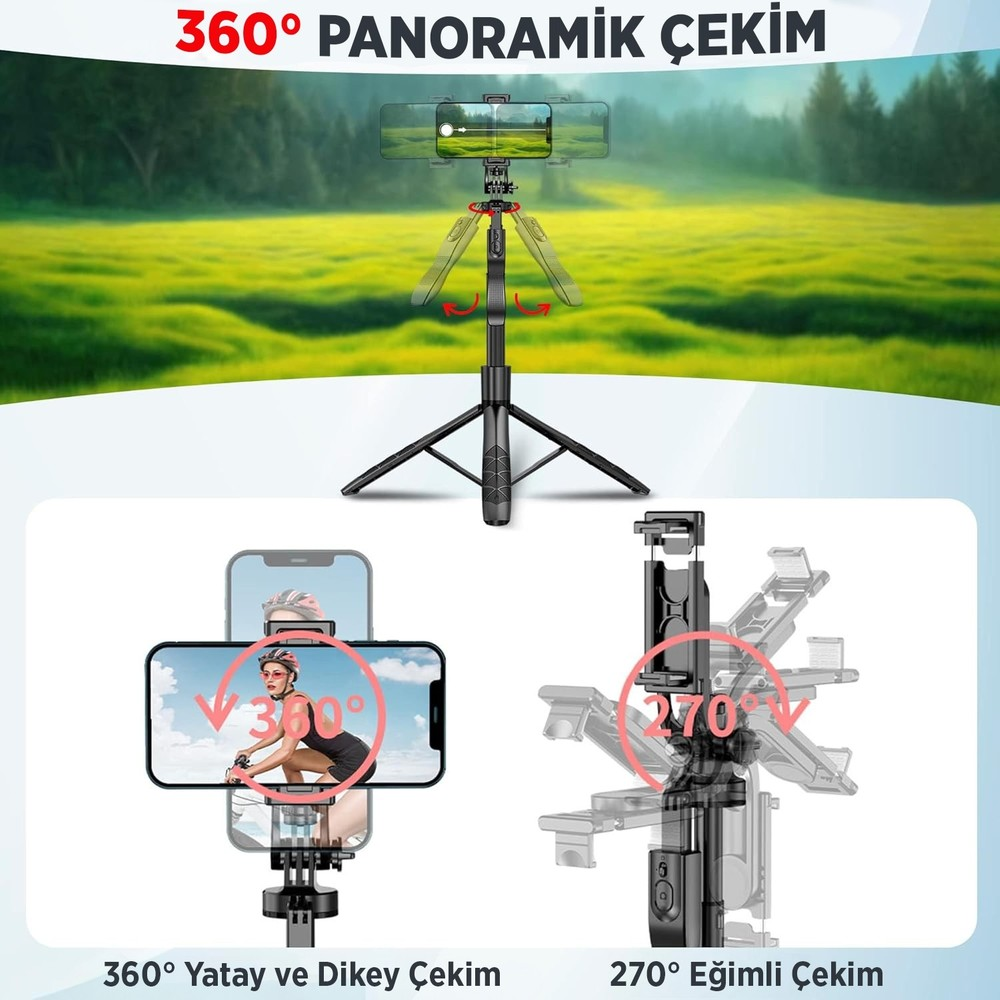 Telefonlu bir tripod, 360° yatay/dikey ve 270° eğim seçeneklerini gösteriyor.