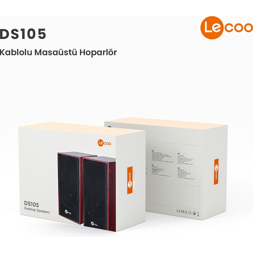 Beyaz kutularında iki adet Le Coo DS105 masaüstü hoparlör.