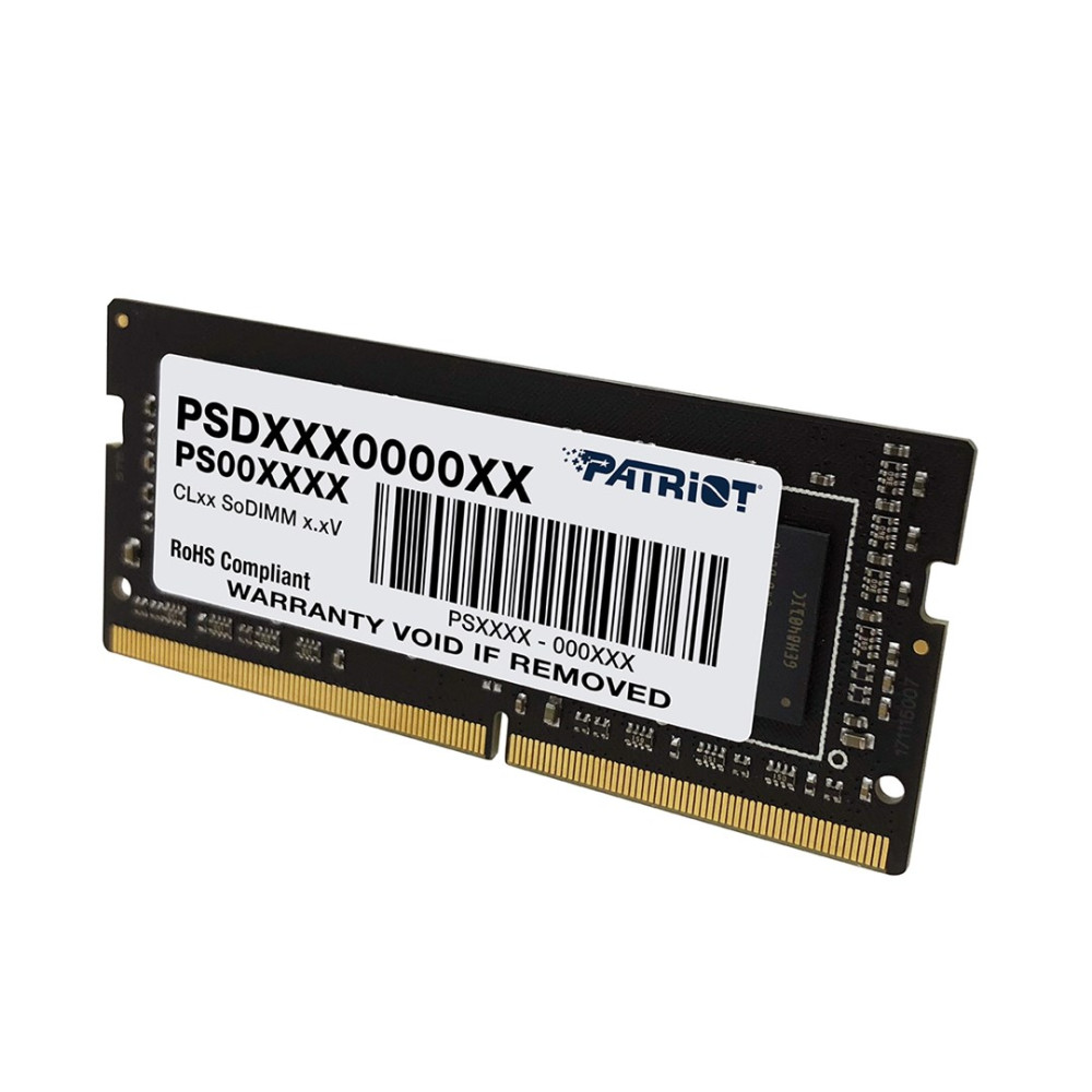 Moduł RAM Patriot z czarnym PCB i złotymi stykami.