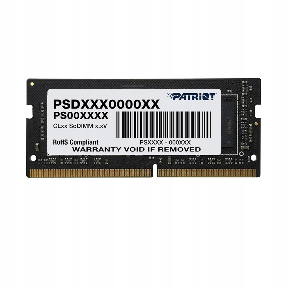 Moduł RAM SO-DIMM Patriot z tekstem: PSDXXX0000XX, PS00XXXX, CLxx, zgodny z RoHS, WARRANTY VOID IF REMOVED.