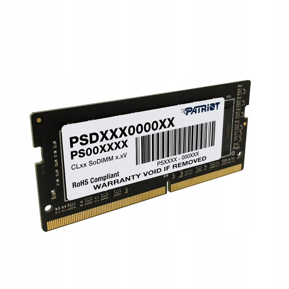 Czarny moduł RAM Patriot SoDIMM ze złotymi złączami i białą etykietą.