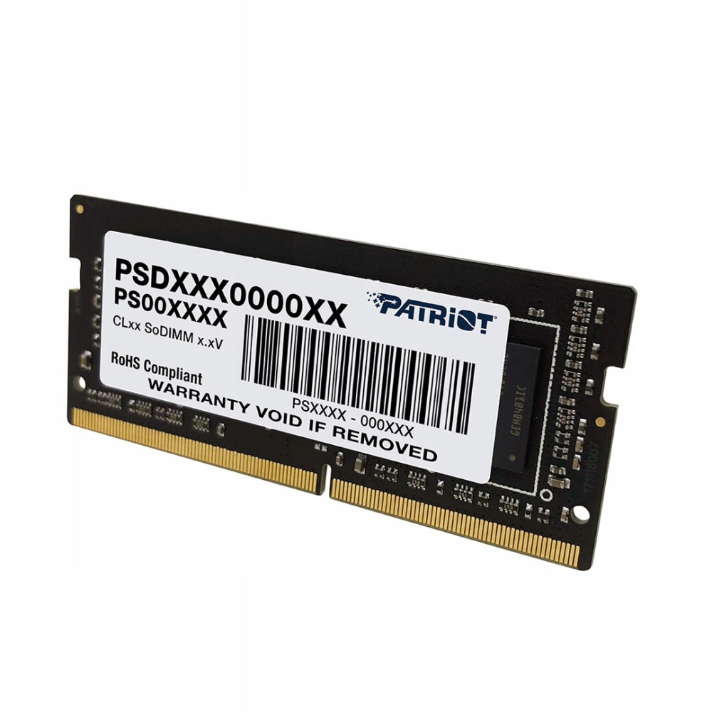 Czarny moduł RAM Patriot SoDIMM ze złotymi złączami i etykietą.