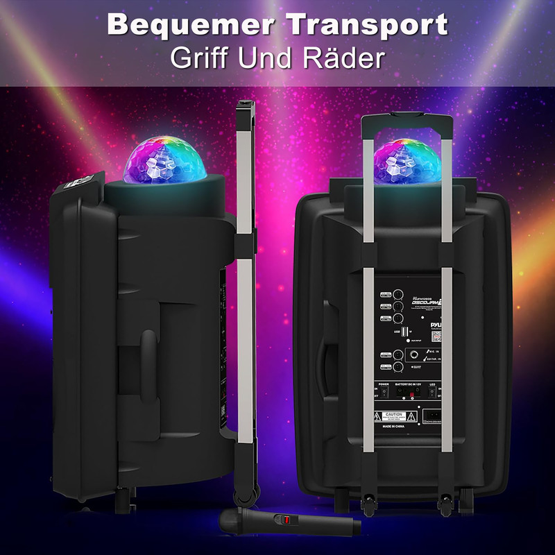 Schwarzer Lautsprecher mit Lichtkugel und Mikrofon, mit Griff und Rädern.