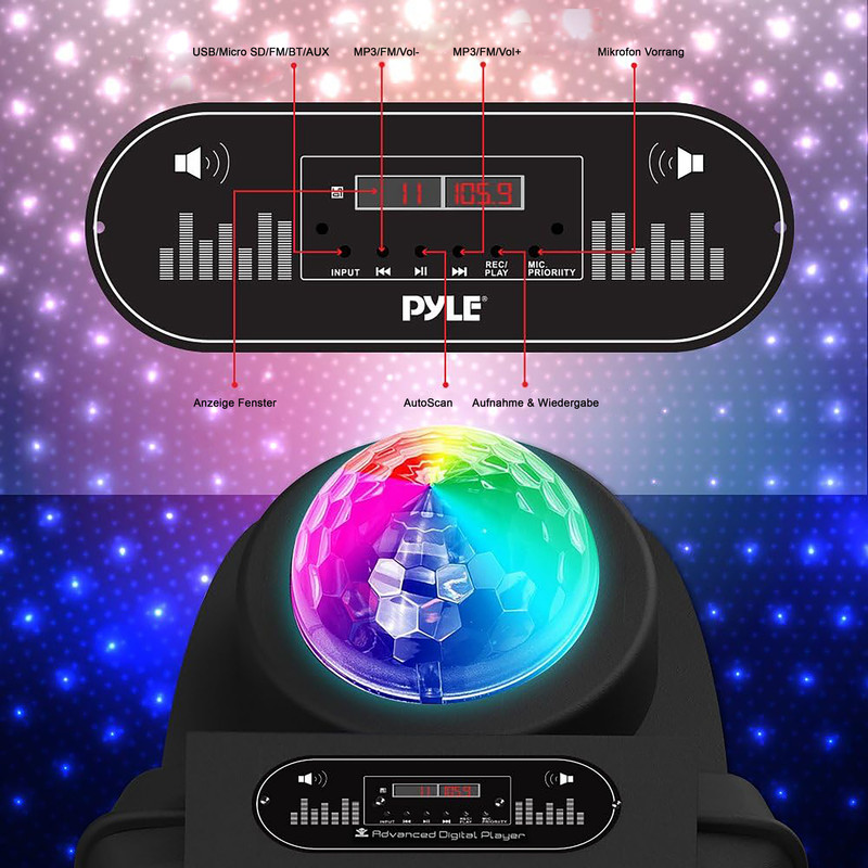 Ein Pyle-Player mit digitaler Anzeige, Tasten, Lichterkugel und Sternenhintergrund.