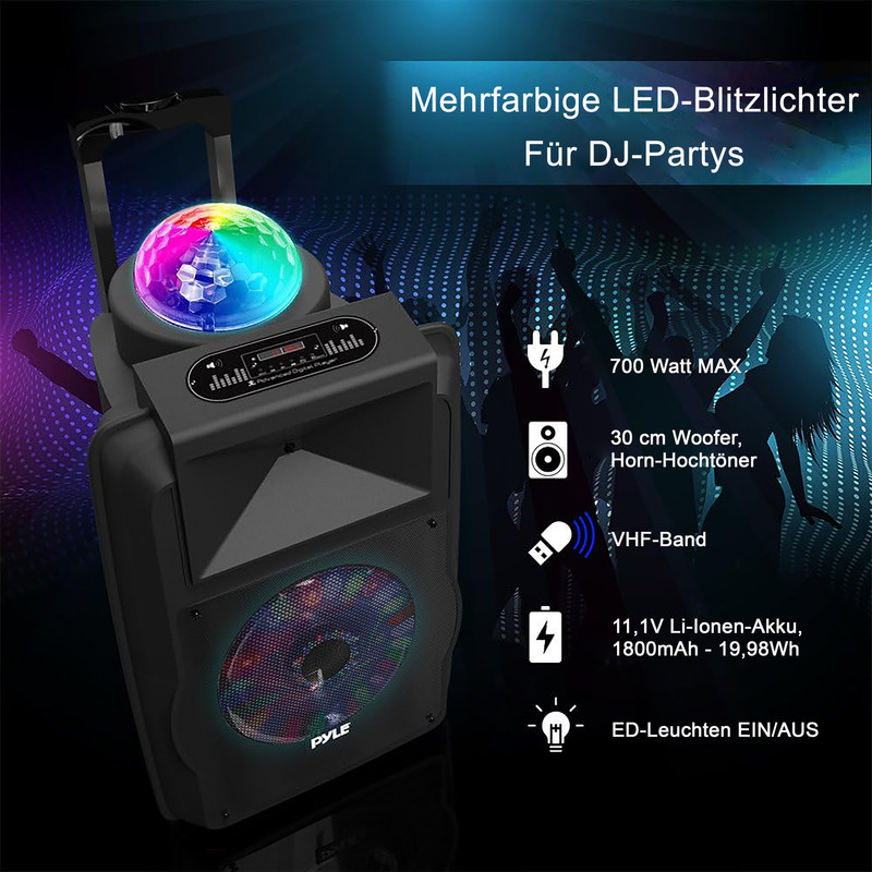 Schwarzer Partylautsprecher mit bunten Lichtern, Griff und Rollen. Merkmale: 700W, 30cm Woofer, VHF.