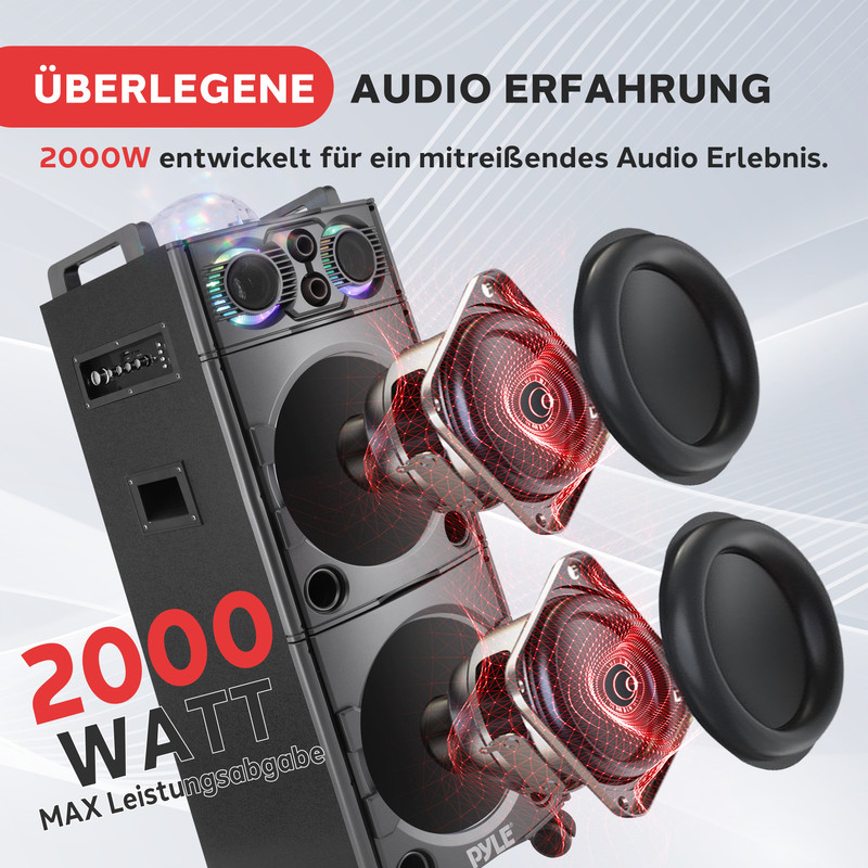 Ein schwarzer Lautsprecher-Turm mit 2000 Watt Leistung, RGB-Beleuchtung und dynamischen Elementen.