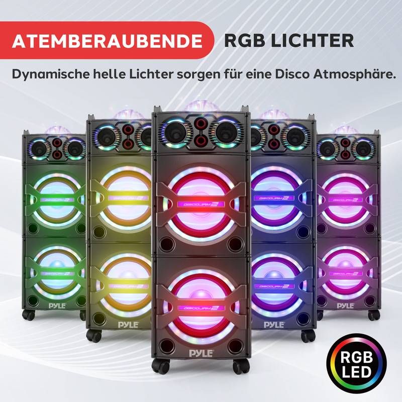 Fünf Pyle Lautsprecher mit bunten RGB-LED-Lichtern, die eine Disco-Atmosphäre schaffen.