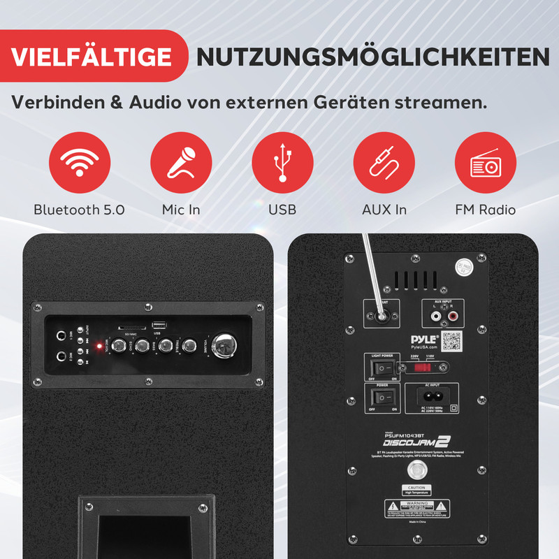 Rückansicht eines schwarzen Lautsprechers mit Anschlüssen und Symbolen für Bluetooth, Mikrofon, USB, AUX und Radio.