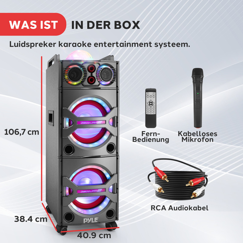 Karaoke Lautsprecher mit Mikrofon, Fernbedienung und Kabel.