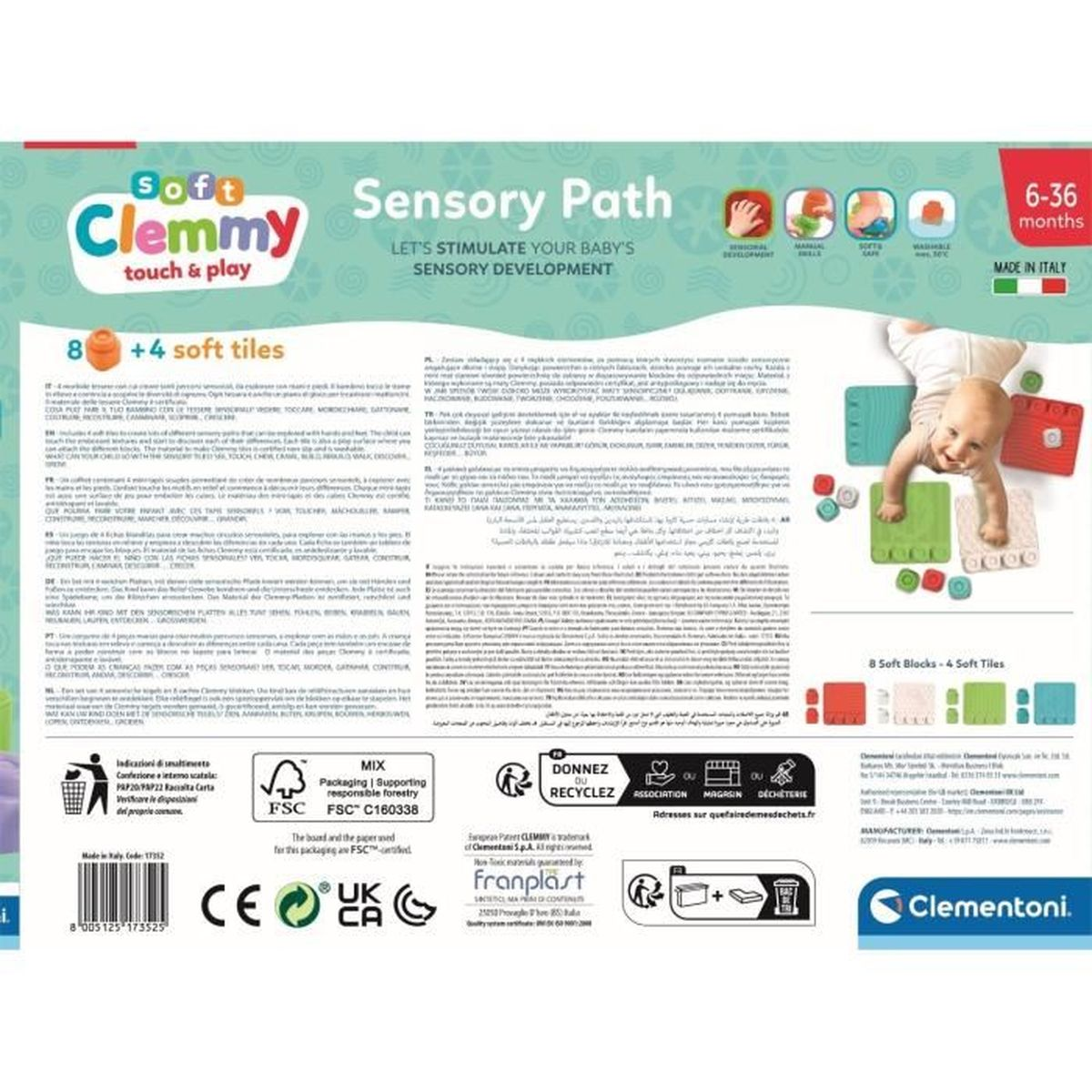 Opakowanie zabawki Clemmys Sensory Path z dzieckiem, miękkimi klockami i tekstem.