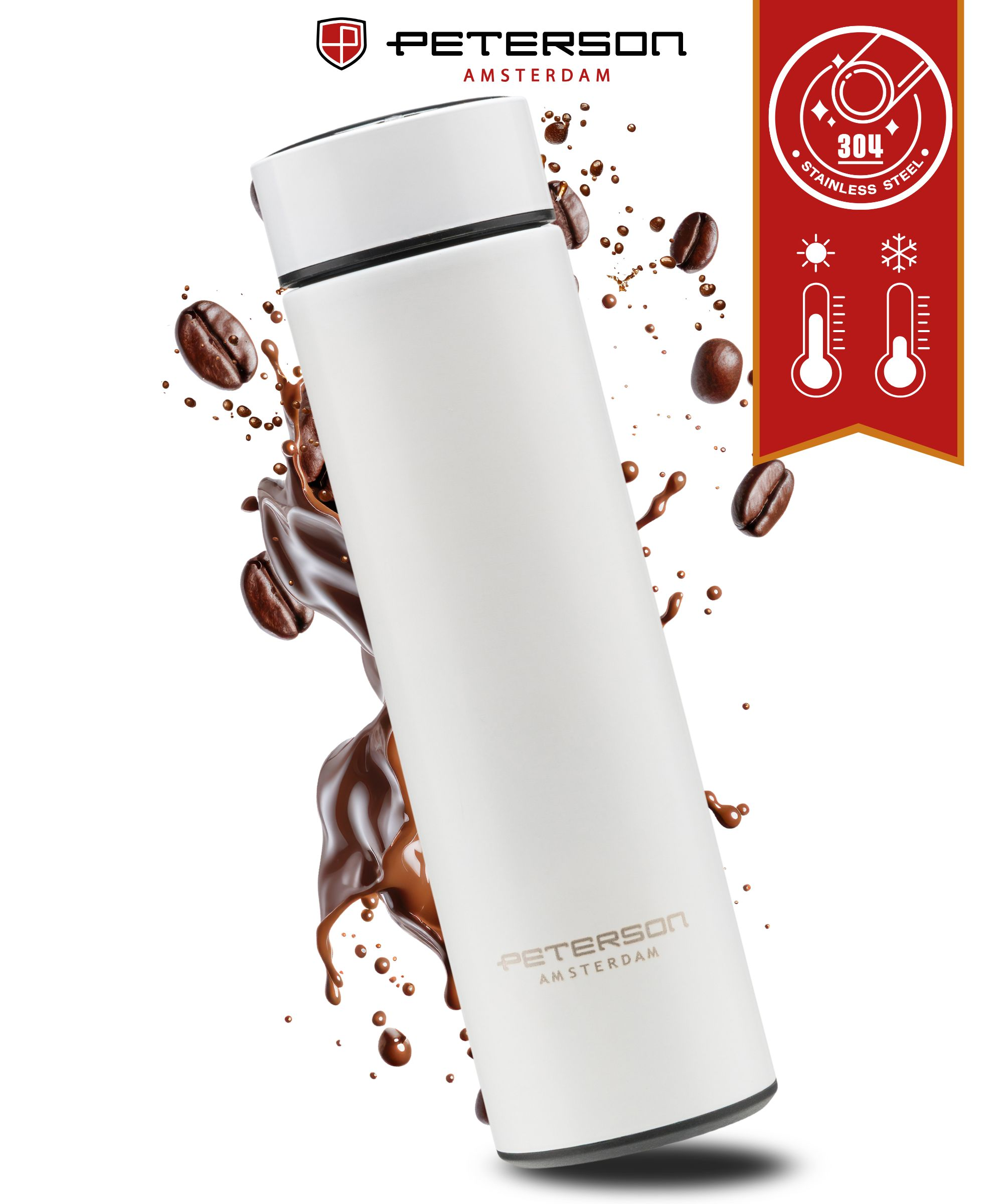 Termos PETERSON AMSTERDAM 480ml z termometrem LED biały