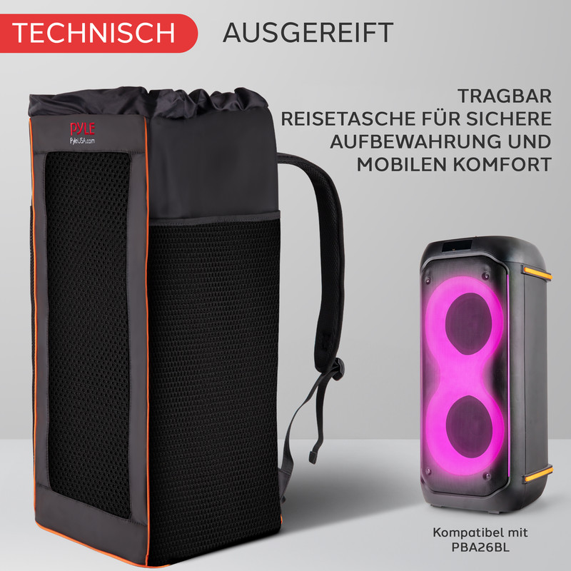 Schwarze Reisetasche mit orangefarbenen Akzenten und ein tragbarer Lautsprecher.