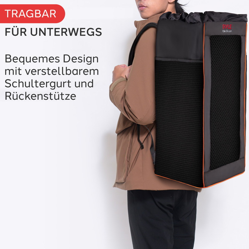 Person trägt eine schwarze Tasche mit orangen Akzenten, ein Mesh-Design.