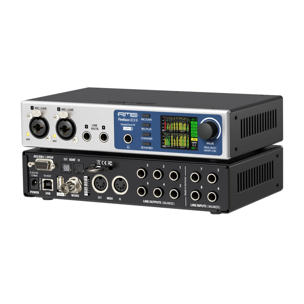 Interfejs audio RME Fireface UCX II, pokazujący połączenia z przodu i z tyłu.
